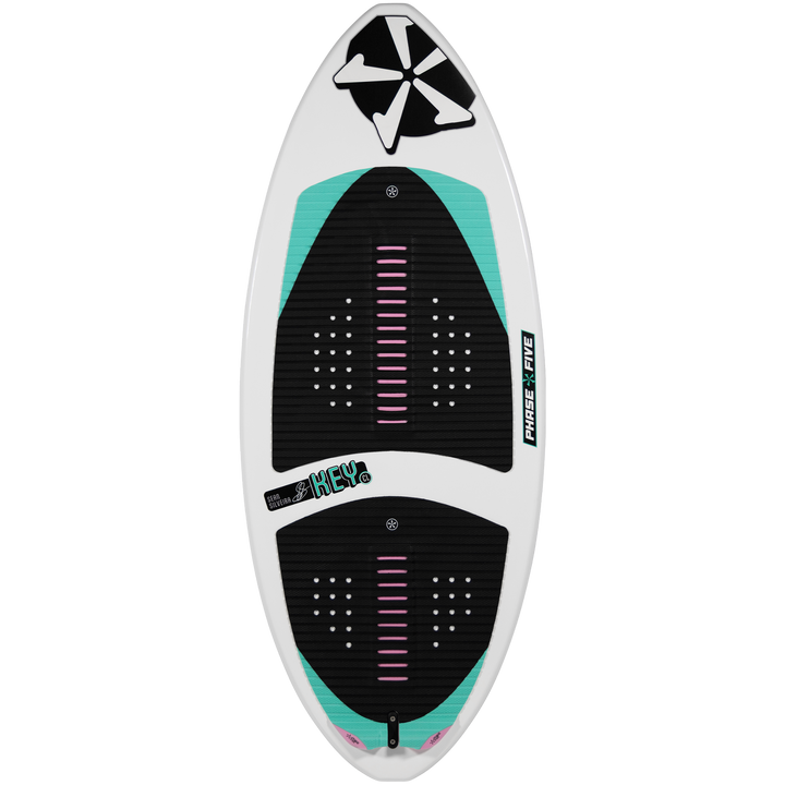 2026 Phase Five Key CL surfboard with a sleek design featuring a white base, turquoise accents, and textured foot pads.