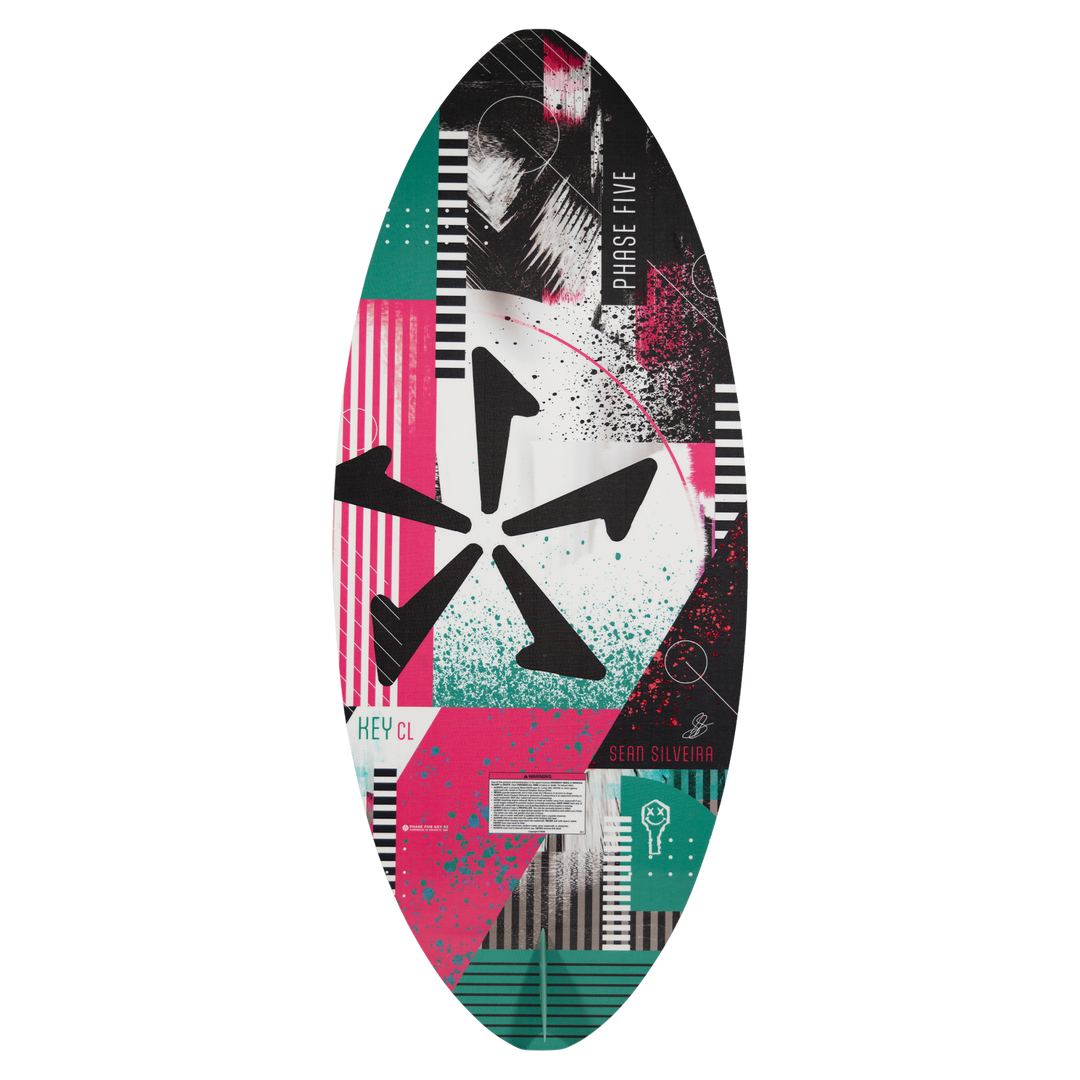 2026 Phase Five Key CL wake surfboard featuring a vibrant graphic design with bold colors and shapes.