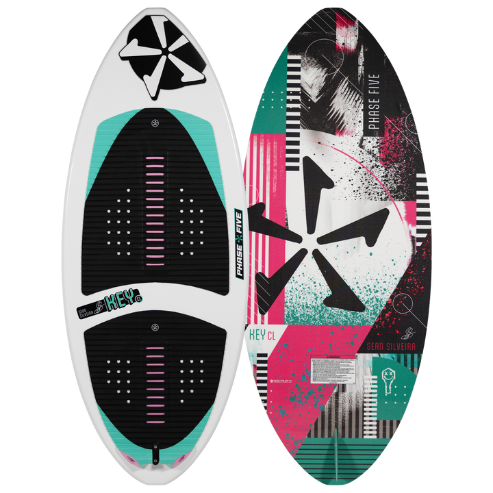 2026 Phase Five Key CL wake surfboard featuring a vibrant design with a black and teal color scheme and textured foot pads.