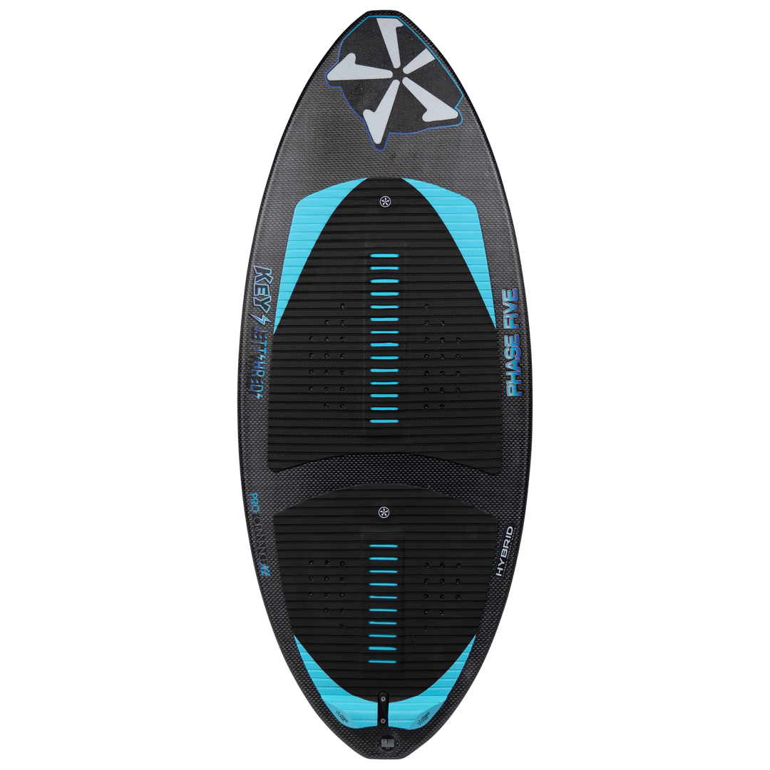 2026 Phase Five Key Jett Shreds wake surfboard featuring a sleek design with a black and blue color scheme and textured footpads.