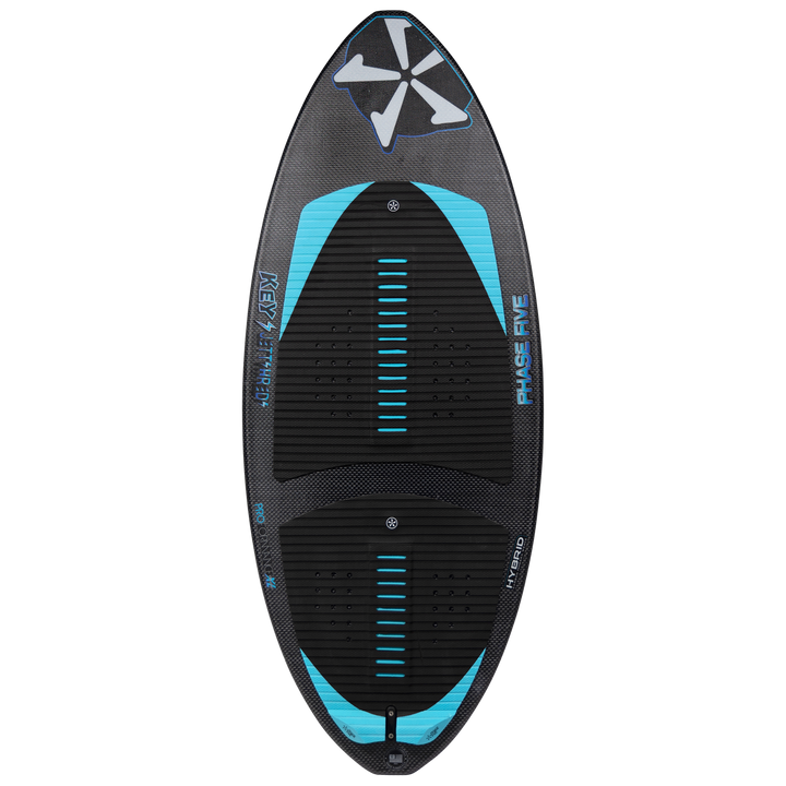 2026 Phase Five Key Jett Shreds wake surfboard featuring a sleek design with a black and blue color scheme and textured footpads.