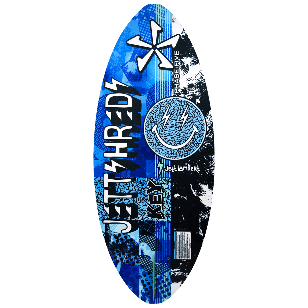 2026 Phase Five Key Jett Shreds wake surfboard featuring a vibrant blue and black design with bold graphics and logo.