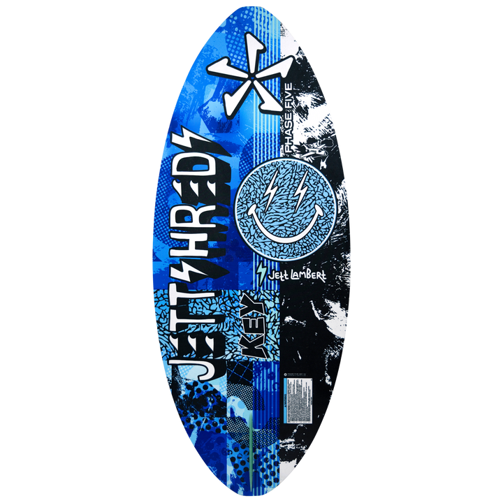 2026 Phase Five Key Jett Shreds wake surfboard featuring a vibrant blue and black design with bold graphics and logo.