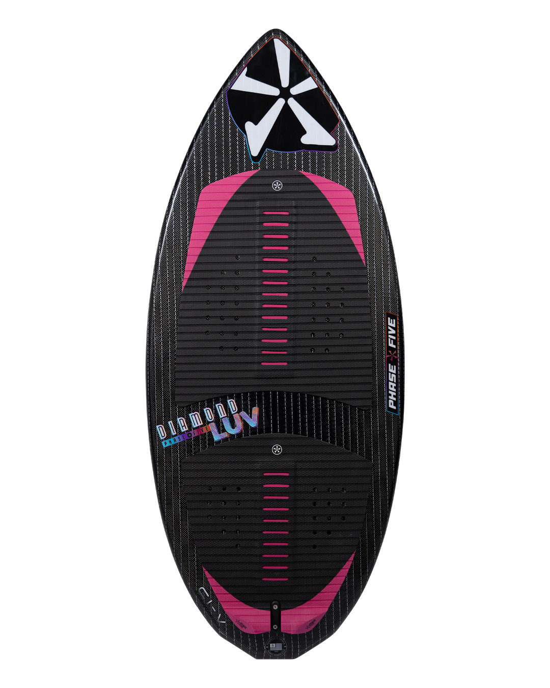 2026 Phase Five Diamond Luv wake surfboard featuring a sleek design with pink accents and textured grip for performance.