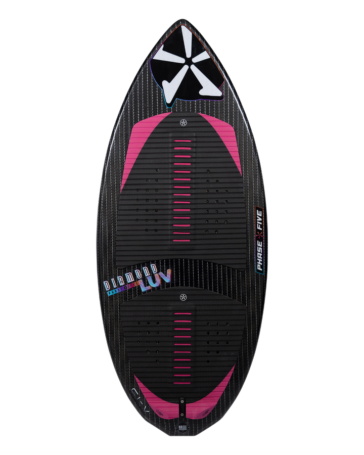 2026 Phase Five Diamond Luv wake surfboard featuring a sleek design with pink accents and textured grip for performance.