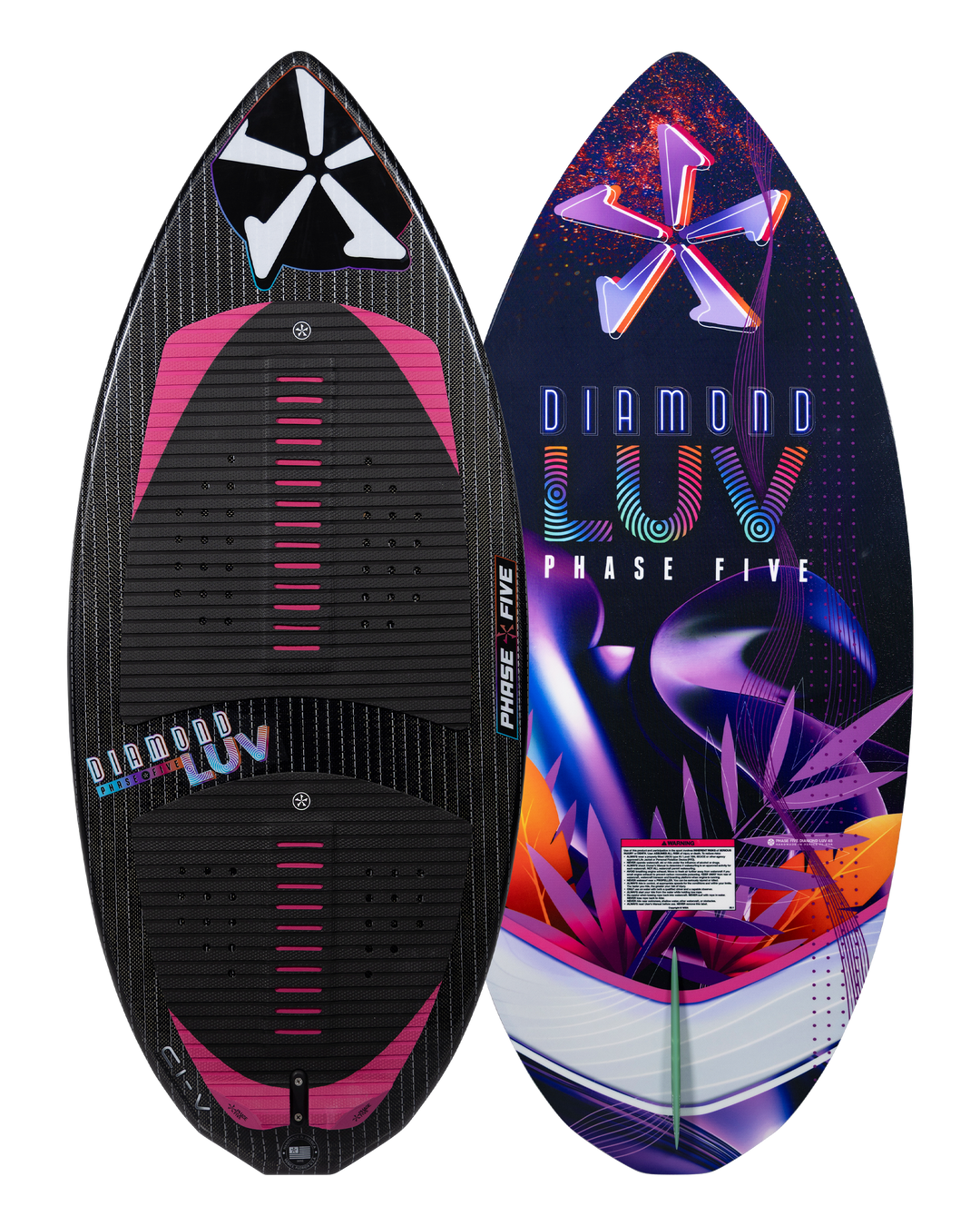 2026 Phase Five Diamond Luv wake surfboard featuring a vibrant design and textured traction pad for optimal performance.