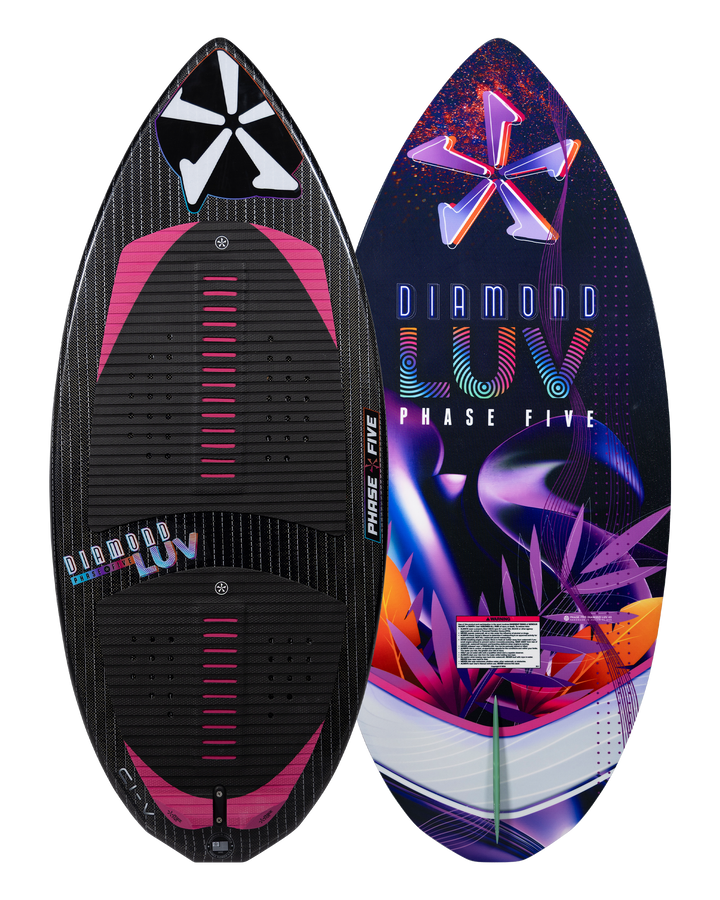2026 Phase Five Diamond Luv wake surfboard featuring a vibrant design and textured traction pad for optimal performance.