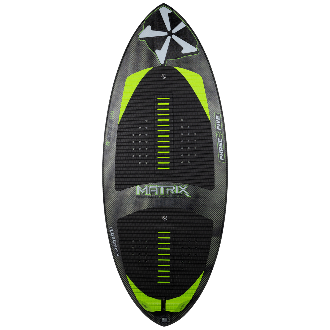 2026 Phase Five Matrix wakesurf board featuring a sleek design with a black and neon green color scheme.