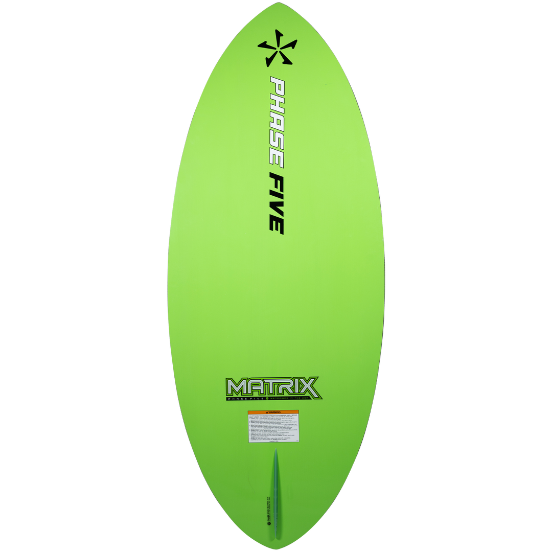 Bright green 2026 Phase Five Matrix wake surfboard featuring a sleek design and a single fin setup for optimal performance.