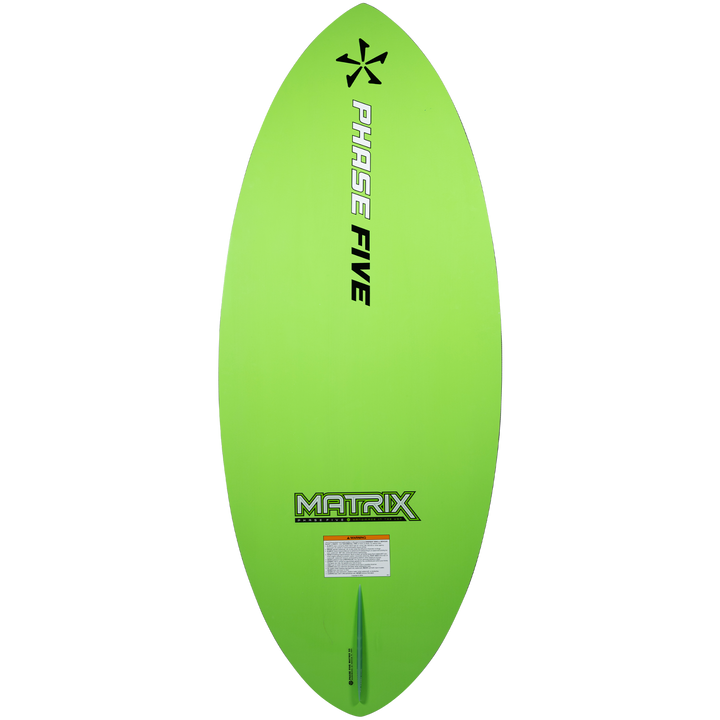 Bright green 2026 Phase Five Matrix wake surfboard featuring a sleek design and a single fin setup for optimal performance.