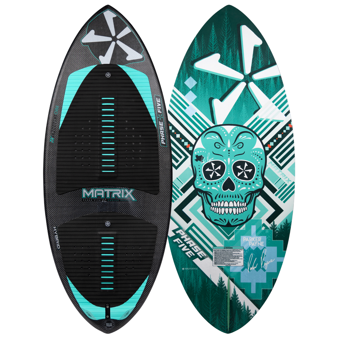 2026 Phase Five Matrix Pro wakesurf board featuring a vibrant skull design and textured grip for optimal performance on the water.