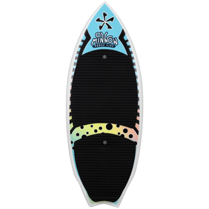 2026 Phase Five Minnow wake surfboard featuring a sleek design with a colorful bottom pattern and textured surface.