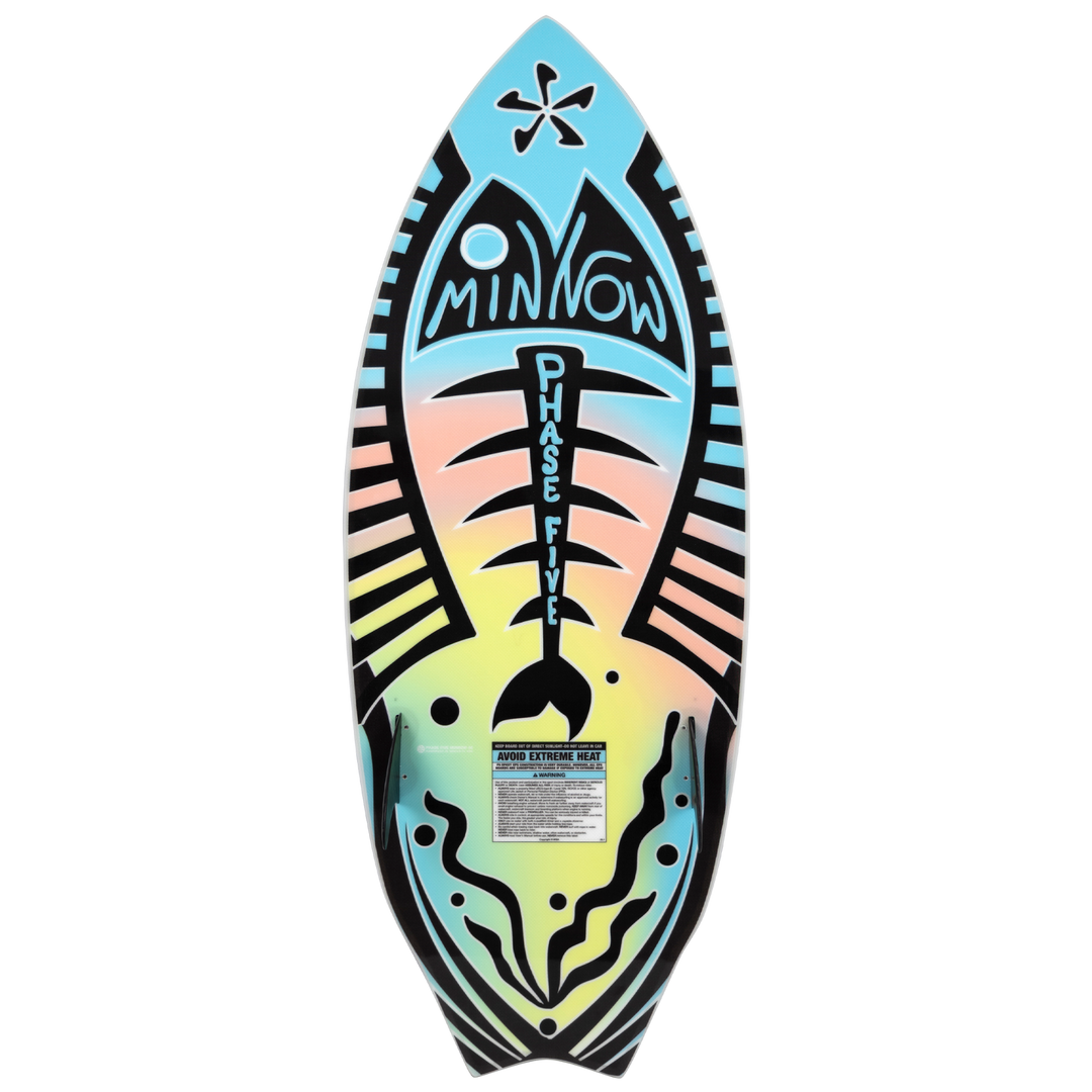 2026 Phase Five Minnow wake surfboard featuring a colorful design with a fish motif and brand logo.