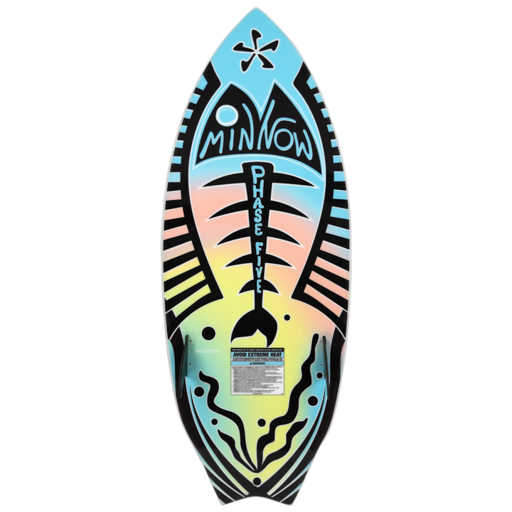2026 Phase Five Minnow wake surfboard featuring a colorful design with a fish motif and brand logo.