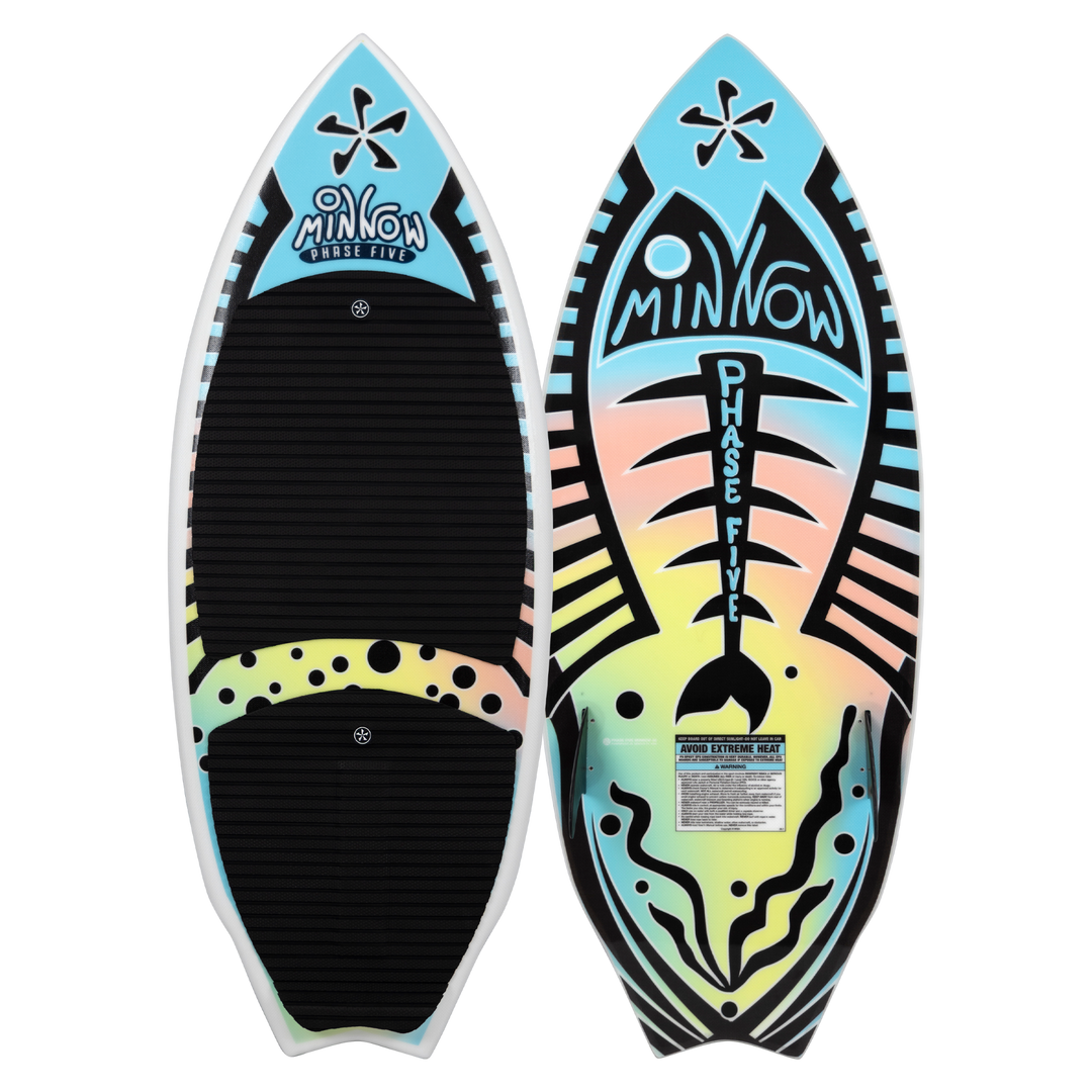 2026 Phase Five Minnow wakesurf board featuring a colorful design and textured grip surface for enhanced performance.