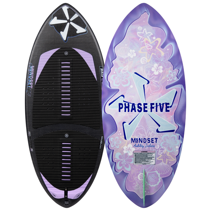 2026 Phase Five Mindset wake surfboard featuring a black and purple design with floral graphics and traction pads.