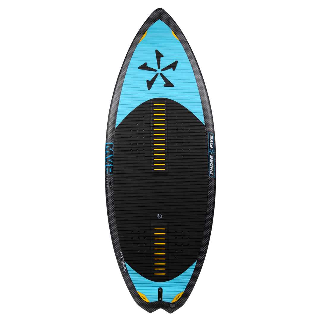 2026 Phase Five MVP V4 wake surfboard featuring a sleek design with a blue and black color scheme and textured surface.