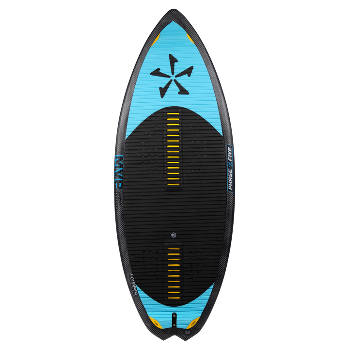 2026 Phase Five MVP V4 wake surfboard featuring a sleek design with a blue and black color scheme and textured surface.