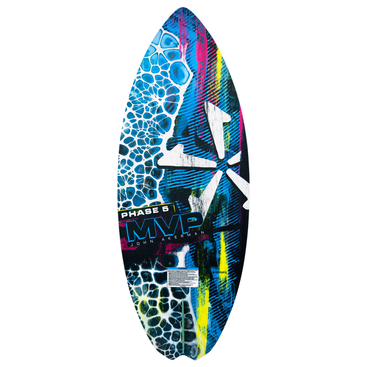 Colorful 2026 Phase Five MVP V4 wake surfboard featuring a dynamic design with blue, yellow, and pink patterns.