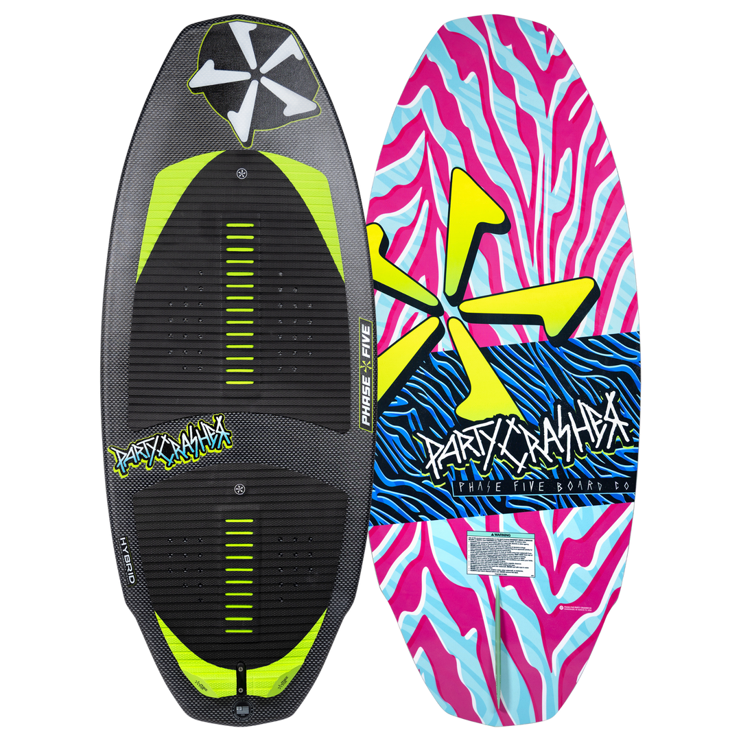 2026 Phase Five Party Crasher wake surfboard featuring a vibrant design with a black and neon color scheme.