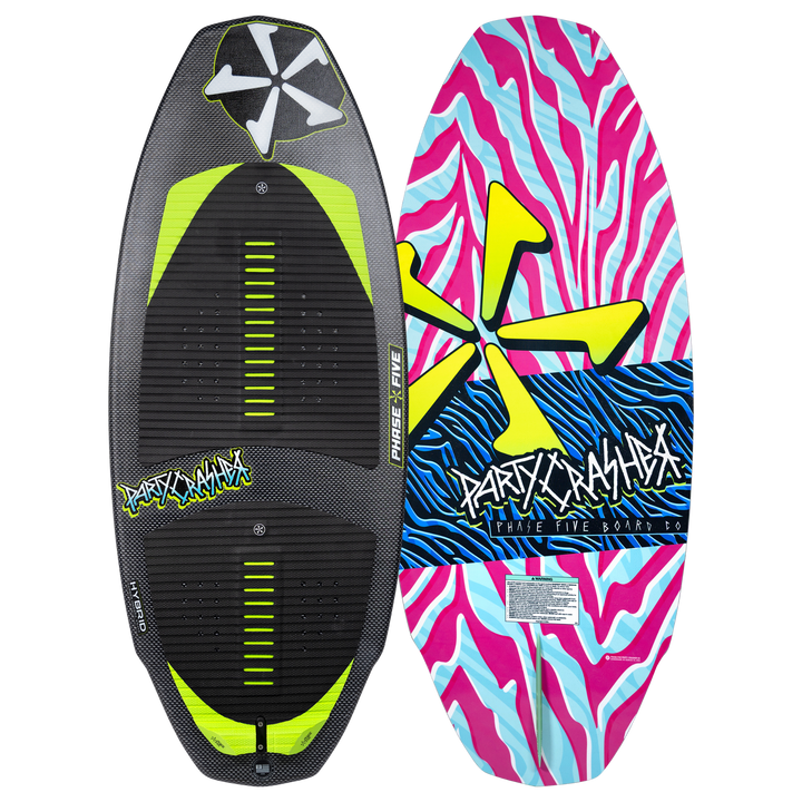 2026 Phase Five Party Crasher wake surfboard featuring a vibrant design with a black and neon color scheme.