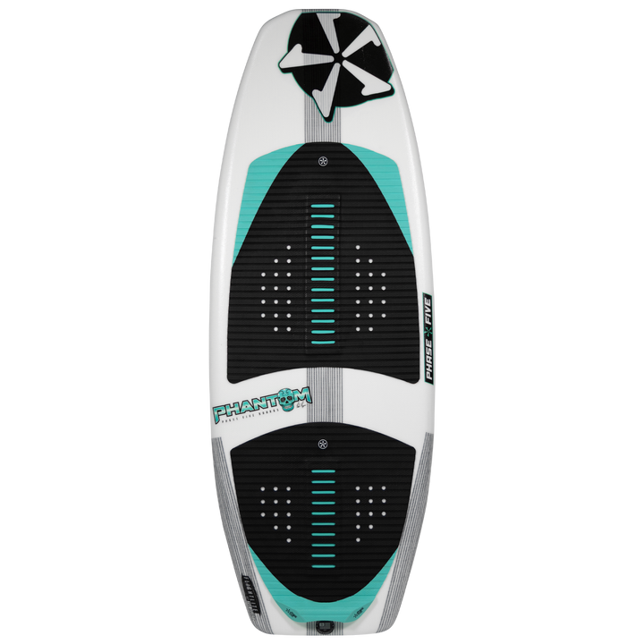 2026 Phase Five Phantom wake surfboard featuring a sleek design with a black and teal color scheme and a textured surface.