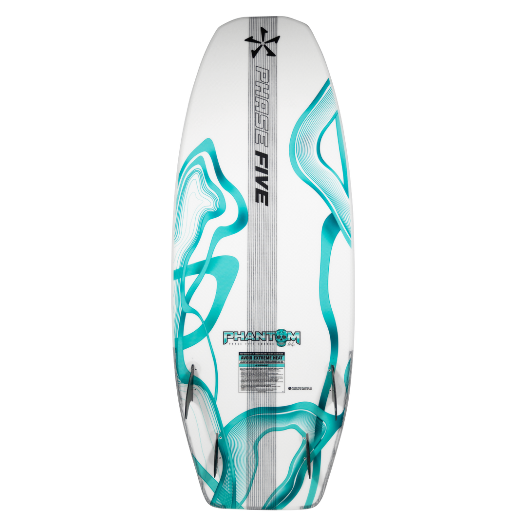 2026 Phase Five Phantom wake surfboard featuring a sleek design with turquoise accents and a streamlined shape for optimal performance.