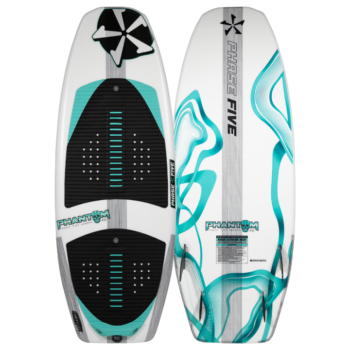 2026 Phase Five Phantom wake surfboard featuring a sleek design with turquoise accents and textured grip for optimal performance.