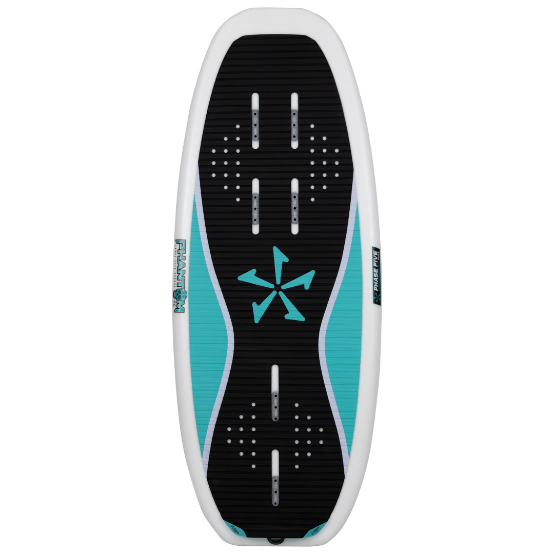 2026 Phase Five Phantom Foil board featuring a sleek design with a black and teal color scheme and traction pads.