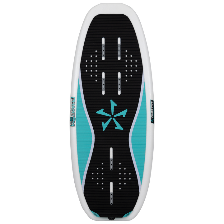 2026 Phase Five Phantom Foil board featuring a sleek design with a black and teal color scheme and traction pads.