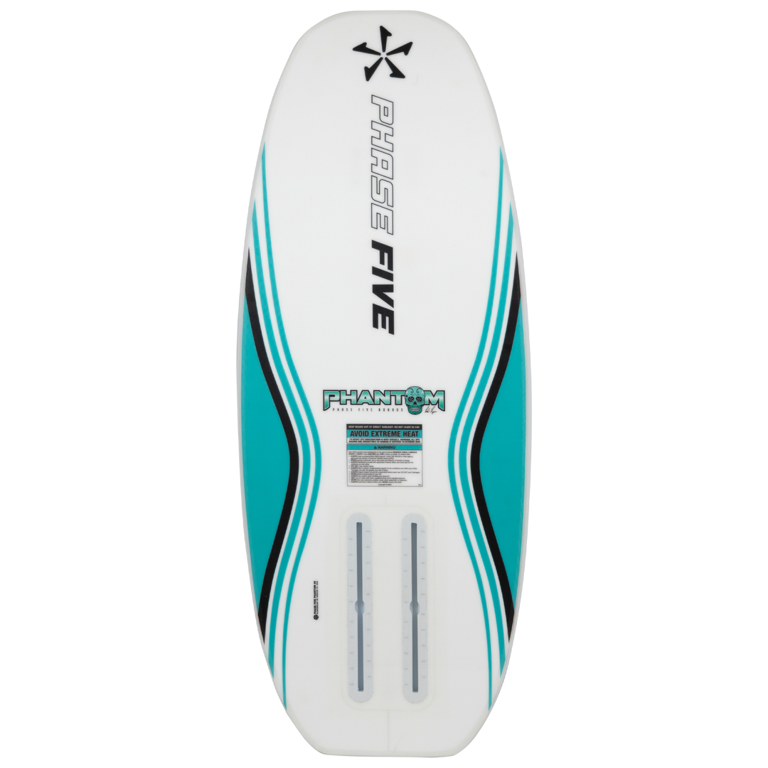 2026 Phase Five Phantom Foil board featuring a sleek design with blue accents and dual fin slots for enhanced performance.