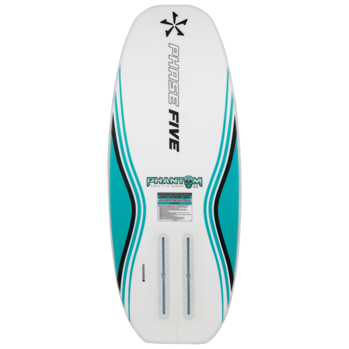 2026 Phase Five Phantom Foil board featuring a sleek design with blue accents and dual fin slots for enhanced performance.