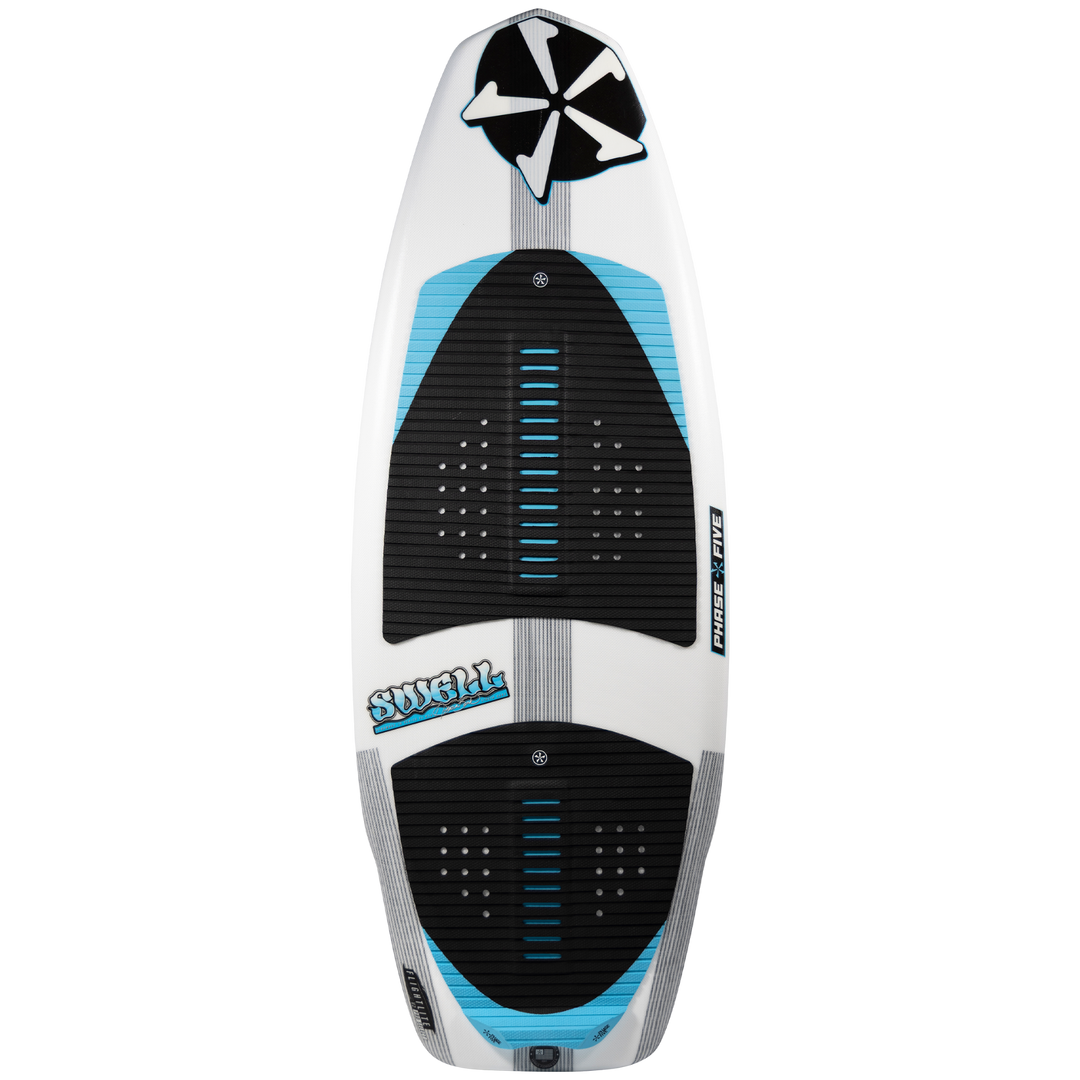 2026 Phase Five Swell wake surfboard featuring a sleek design with blue accents and textured foot pads for grip.