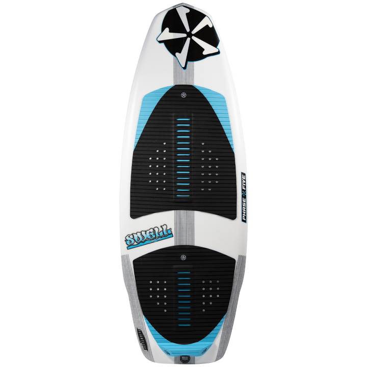 2026 Phase Five Swell wake surfboard featuring a sleek design with blue accents and textured foot pads for grip.