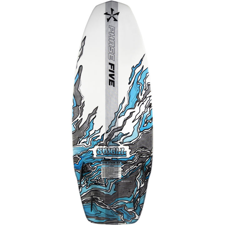 2026 Phase Five Swell wake surfboard featuring a striking blue and gray design with a sleek shape for optimal performance.