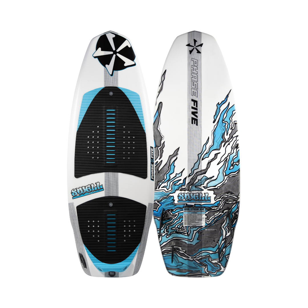 2026 Phase Five Swell wake surfboard featuring a sleek design with blue and black accents for optimal performance on the water.