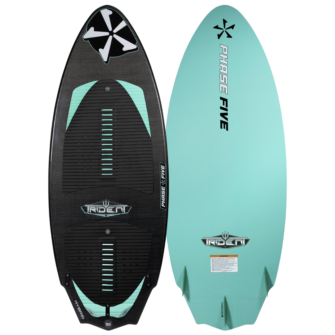2026 Phase Five Trident V3 wake surfboard featuring a sleek black and teal design with textured grip pads.