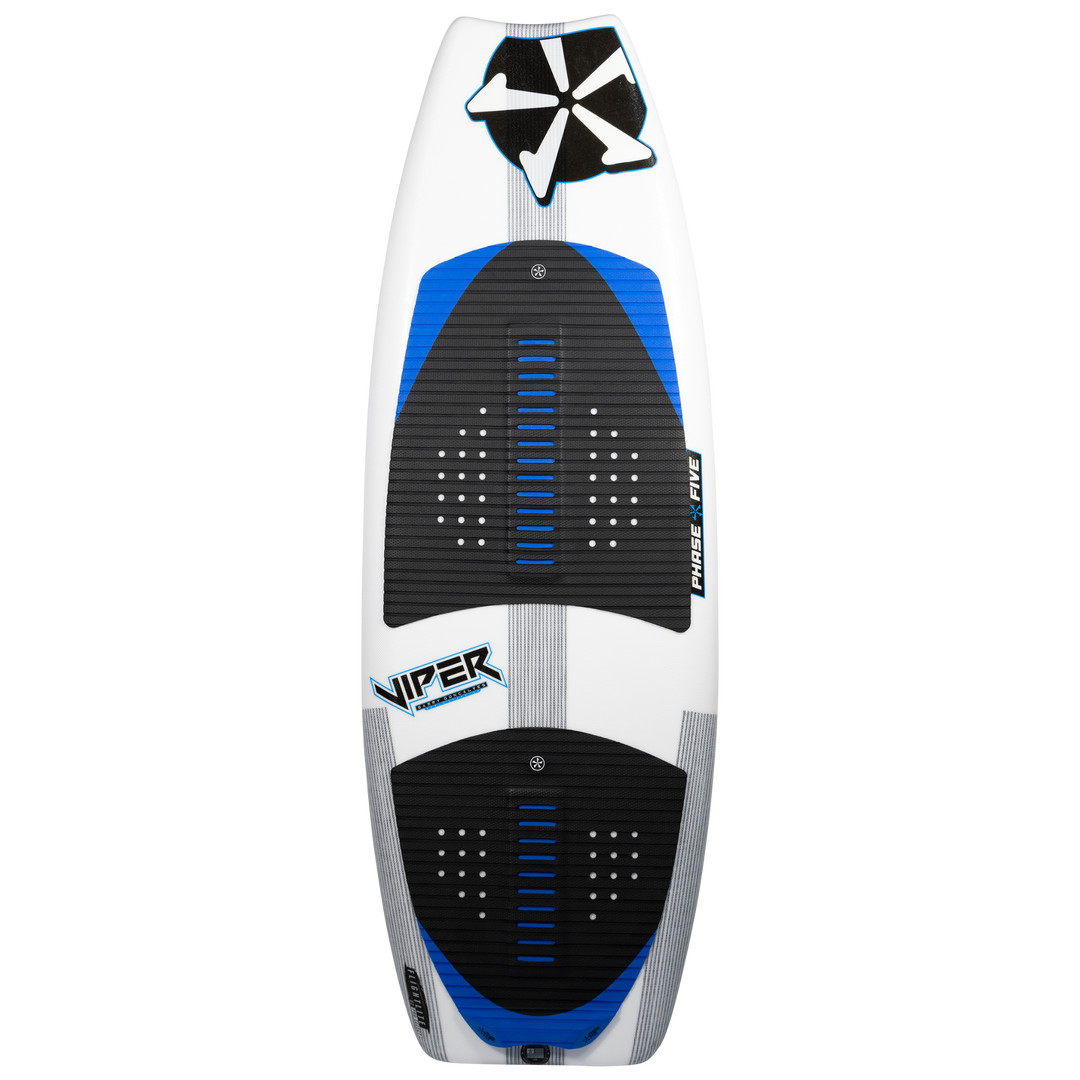 2026 Phase Five Viper wakesurf board featuring a sleek design with black and blue accents and textured grip pads.