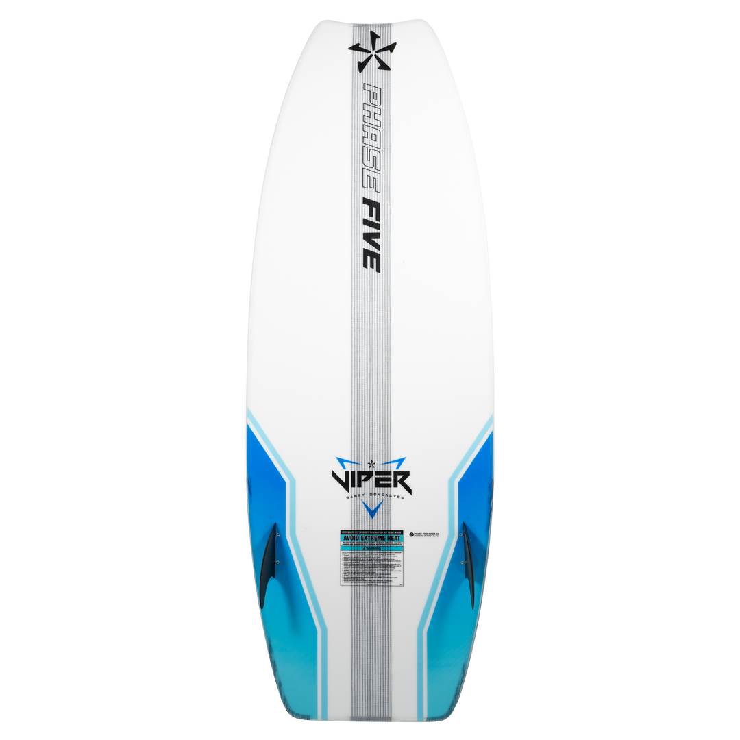 2026 Phase Five Viper wake surfboard featuring a sleek design with blue accents and a durable construction for optimal performance.