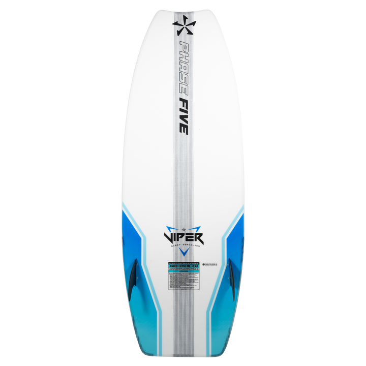 2026 Phase Five Viper wake surfboard featuring a sleek design with blue accents and a durable construction for optimal performance.