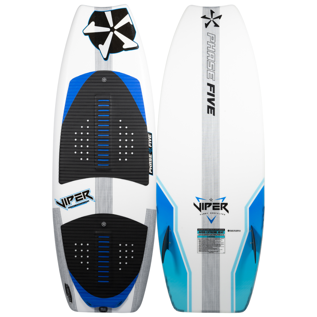2026 Phase Five Viper wake surfboard featuring a sleek design with blue accents and textured foot pads for grip.