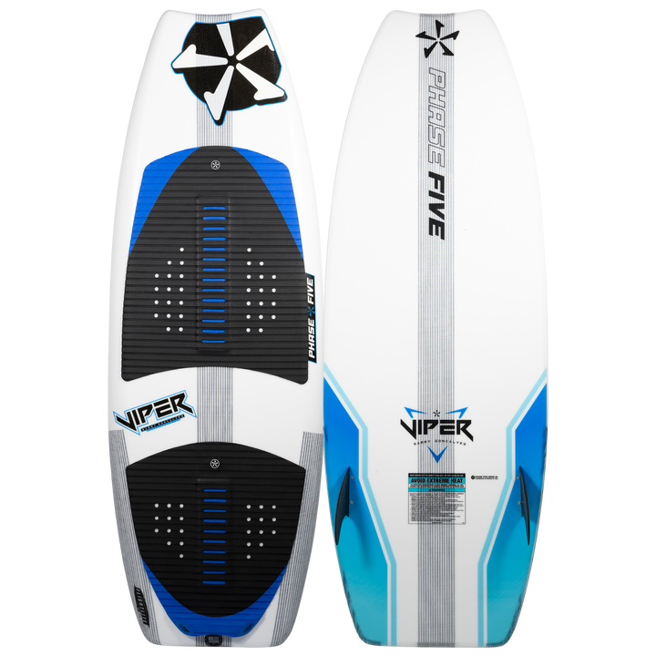 2026 Phase Five Viper wake surfboard featuring a sleek design with blue accents and textured foot pads for grip.