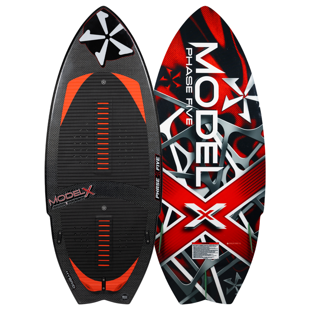 2026 Phase Five Model X wake surfboard featuring a sleek design with red and black graphics, ideal for performance on the water.
