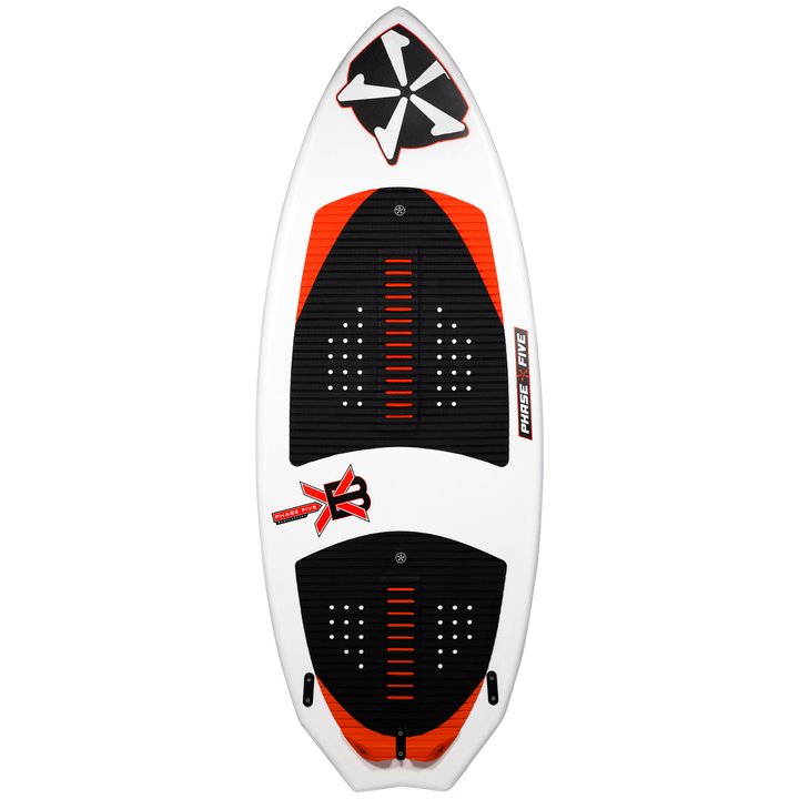 2026 Phase Five XB surfboard featuring a sleek design with black and orange accents, ideal for water sports enthusiasts.