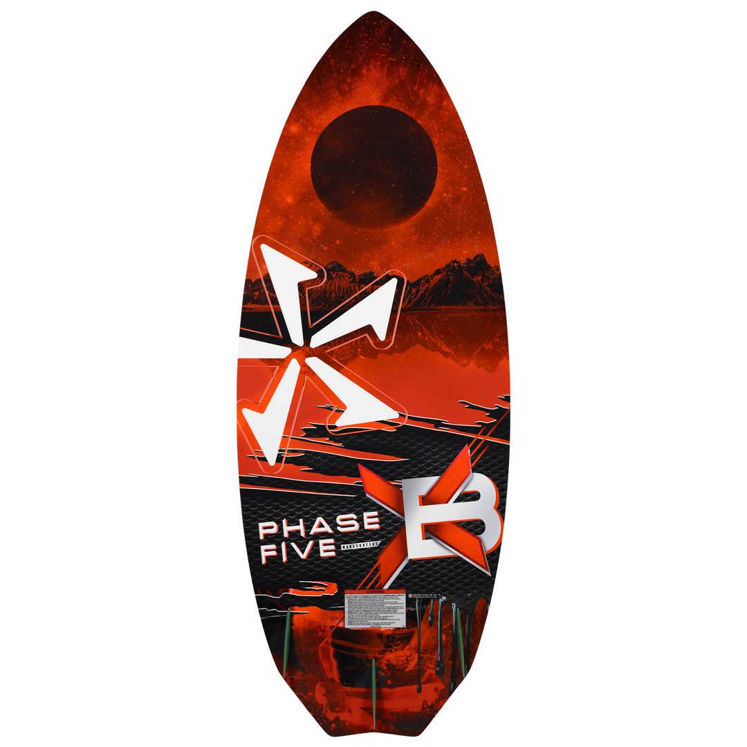 2026 Phase Five XB wake surfboard featuring a vibrant red and black design with a sleek shape for optimal performance.