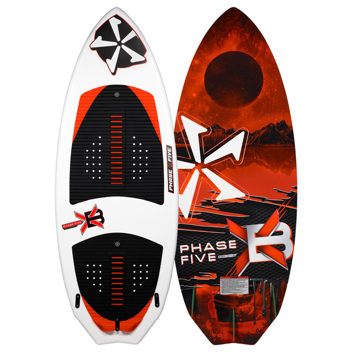 2026 Phase Five XB wake surfboard featuring a sleek design with a white and red color scheme and textured grip pads.