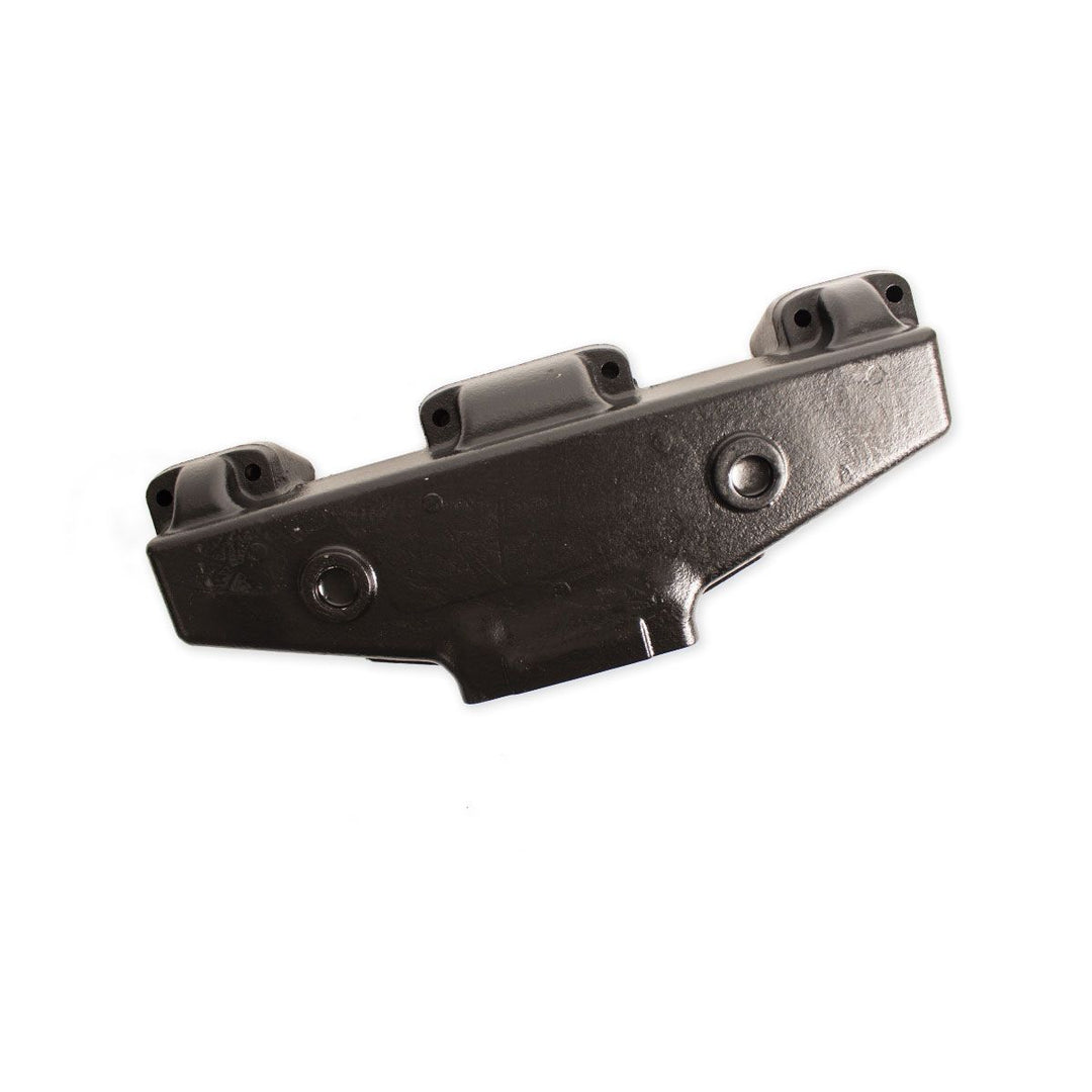 Center riser exhaust manifold component, black metal, with mounting points, used in automotive exhaust systems.