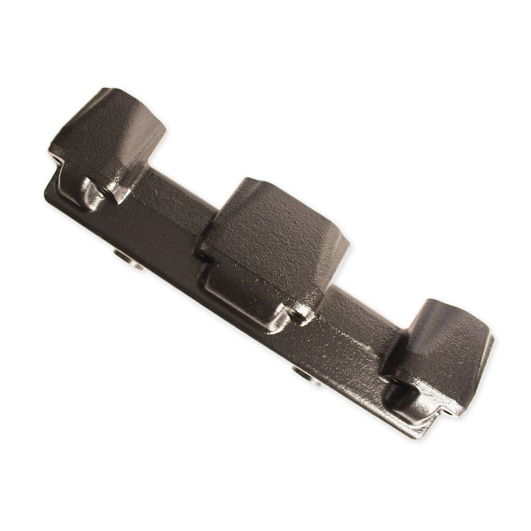 Center Riser Exhaust Manifold bracket, black metal component for engine exhaust system, with mounting points for stability.