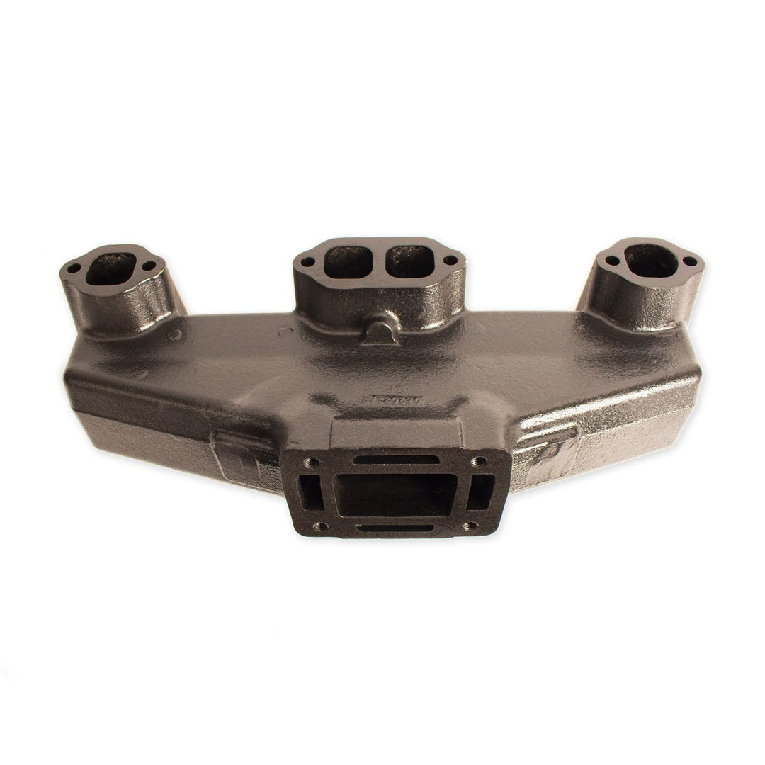 Center Riser Exhaust Manifold for engine, with three ports for exhaust gases, made of durable metal, used in automotive applications.