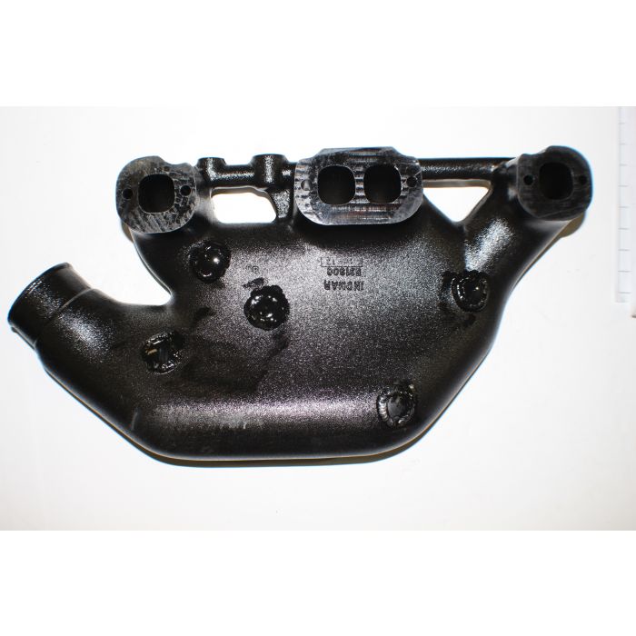 Aluminum Indmar manifold and riser with E-coating, designed for marine engine exhaust systems.